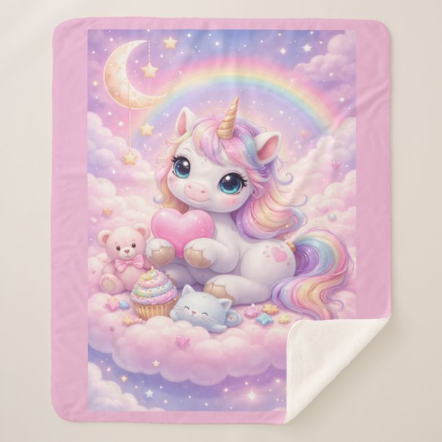 Cobertor Sherpa Caprichoso Unicórnio Pastel Kawaii e Amigos nas Nu (Frente)