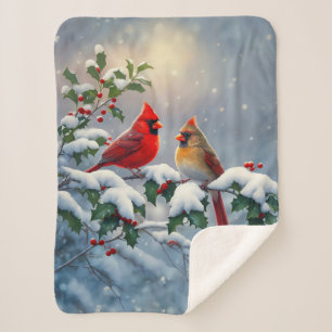 Cobertor Sherpa Cardeais-vermelhos e Azevinho na Neve