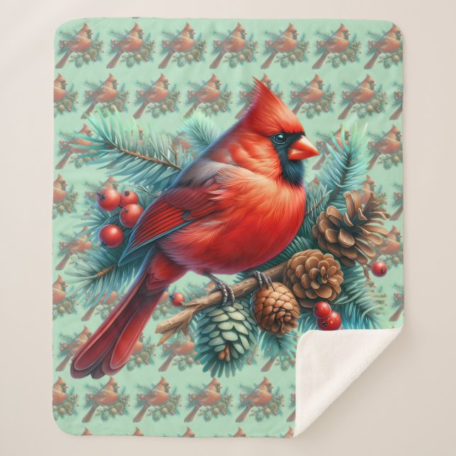 Cobertor Sherpa Cardinal on Pine Branch with Winter Berries (Frente)