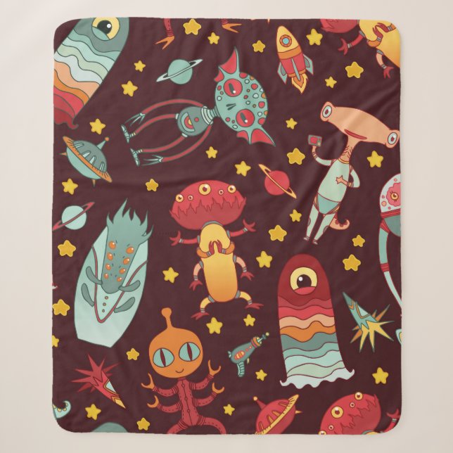 Cobertor Sherpa Cartoon aliens vintage seamless pattern. (Frente)