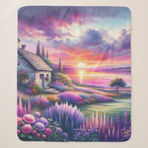 Cobertor Sherpa Casa do Pôr-do-Sol Pastel Jardim à Beira do Lago P