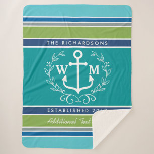 Cobertor Sherpa Casamento Monograma Anchor Laurel Wreath Aqua Stri