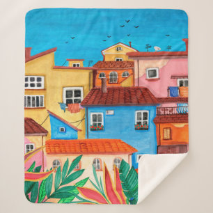 Cobertor Sherpa Casas italianas. Mão de Gouache desenhada