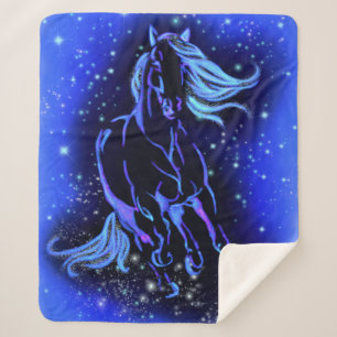 Cobertor Sherpa Cavalo Azul Neon Correndo À Lua À Noite Estrelad