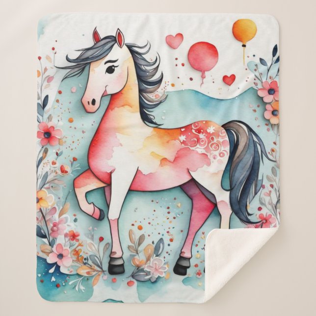 Cobertor Sherpa Cavalo floral (Frente)