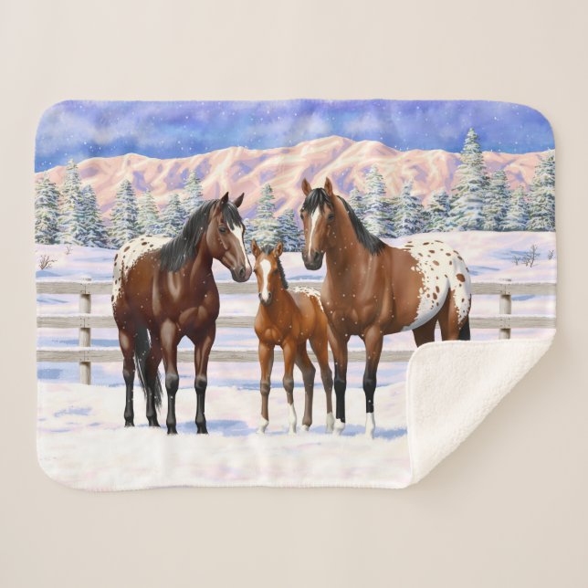 Cobertor Sherpa Cavalos Appaloosa De Baía Castanha Em Neve (Frente (Horizontal))