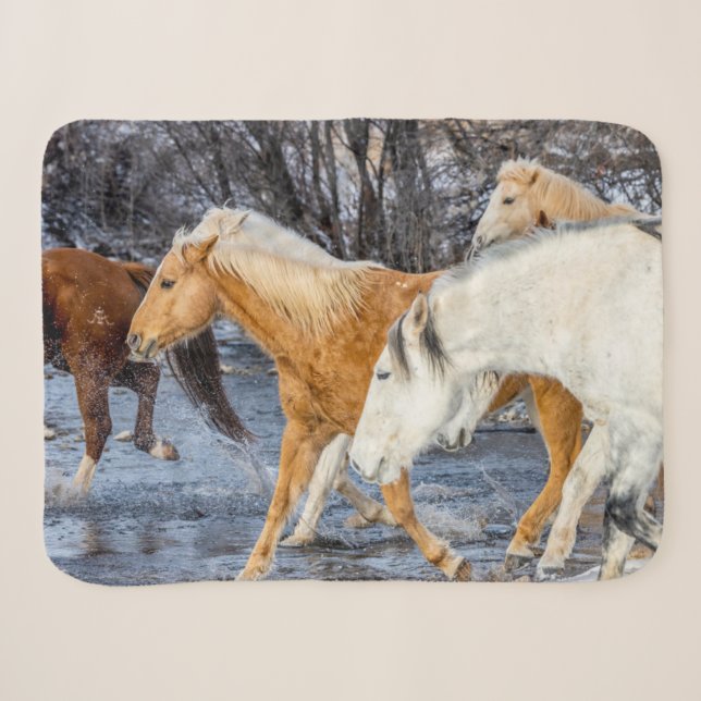 Cobertor Sherpa Cavalos Atravessando o Córrego (Frente (Horizontal))