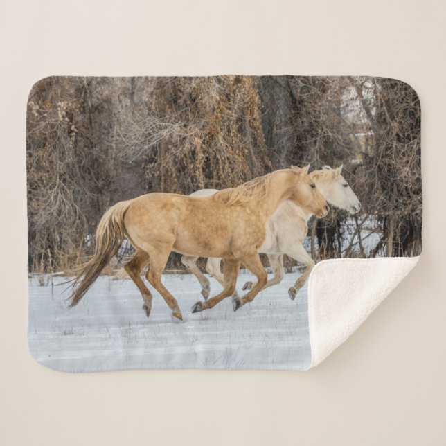 Cobertor Sherpa Cavalos Correndo na Neve (Frente (Horizontal))