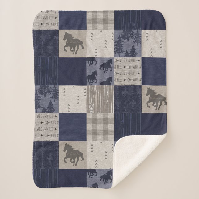 Cobertor Sherpa Cavalos selvagens Sherpa Blanket - Marinho/Beige (Frente)