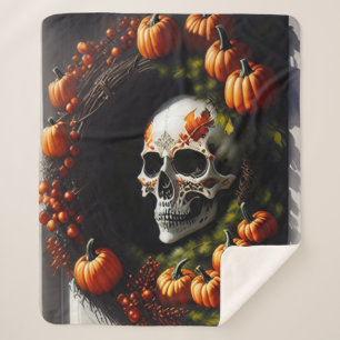 Cobertor Sherpa Caveira Spooky e Pumpkin Wreath