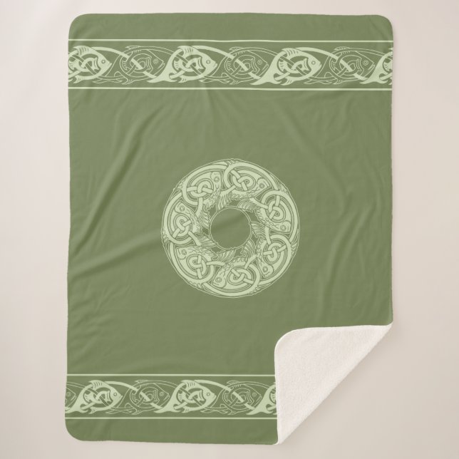 Cobertor Sherpa Celtic Knotwork Fish in Green  (Frente)