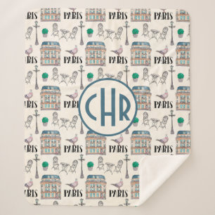 Cobertor Sherpa Cena da rua Cute Paris   Monograma de Aquarela