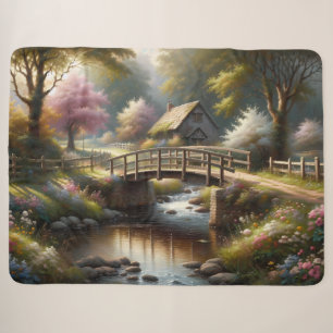 Cobertor Sherpa Cena de Cabana Cottagecore de Primavera na Ponte