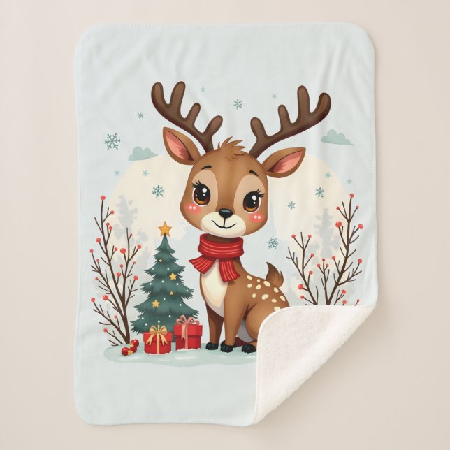 Cobertor Sherpa Cena encantadora de renas de Natal na floresta nev (Frente)