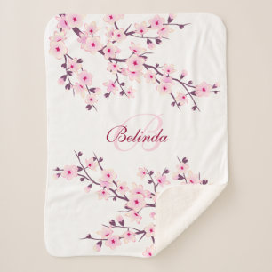 Cobertor Sherpa Cerejeira Floral Blossomas Rosa Monograma Branco