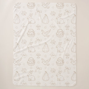 Cobertor Sherpa Cestas de esboço marrom creme Pássaros Coelhinhos
