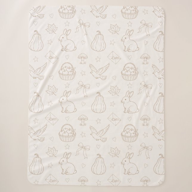Cobertor Sherpa Cestas de esboço marrom creme Pássaros Coelhinhos (Frente)