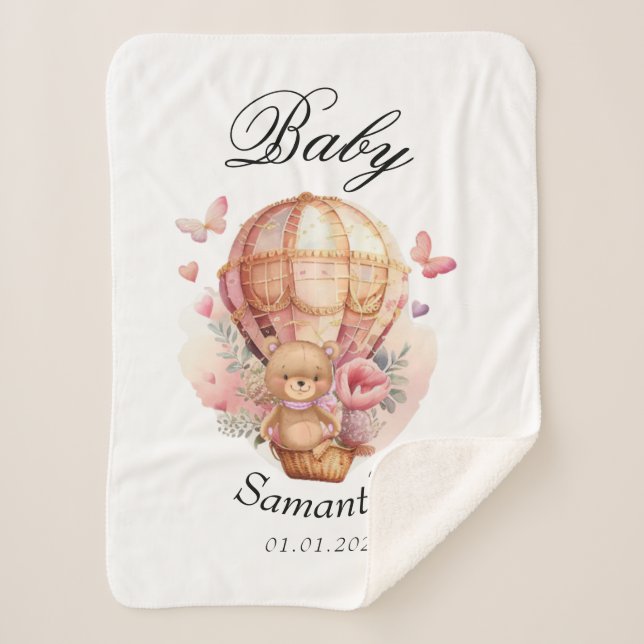 Cobertor Sherpa Chá de fraldas de Balão de Ar Quente Rosa de Urso  (Frente)