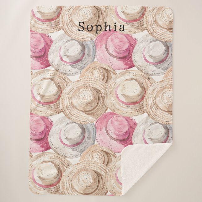 Cobertor Sherpa Chapéus de Palha Brancos Creme Rosa (Frente)
