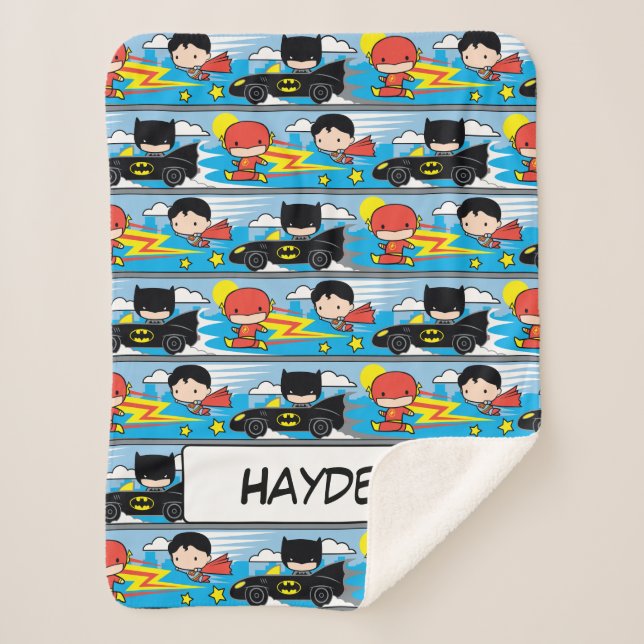 Cobertor Sherpa Chibi Flash, Superman, and Batman Racing Pattern (Frente)