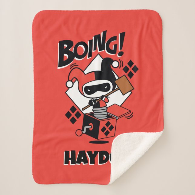 Cobertor Sherpa Chibi Harley-Quinn-In-A-Box Com Martelo (Frente)