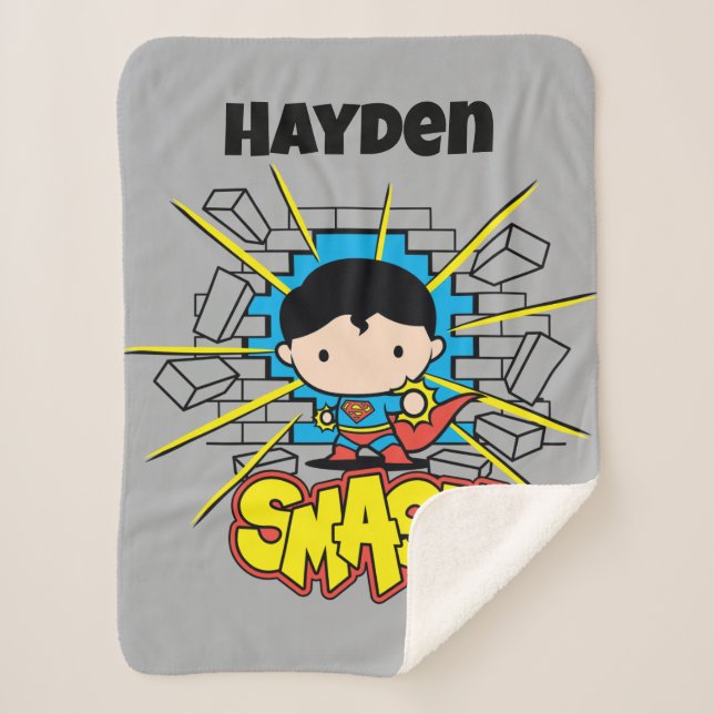 Cobertor Sherpa Chibi Superman Smashing Through Brick Wall (Frente)