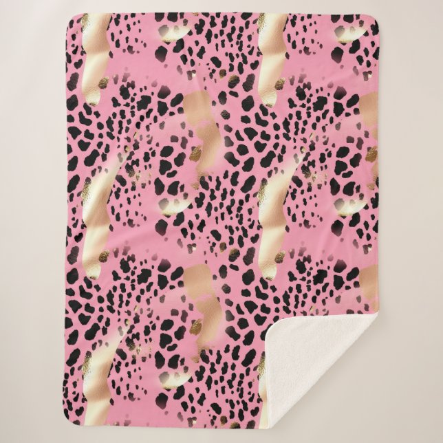Cobertor Sherpa Chic Glam Dourado Leopardo Preto Rosa Rosa (Frente)