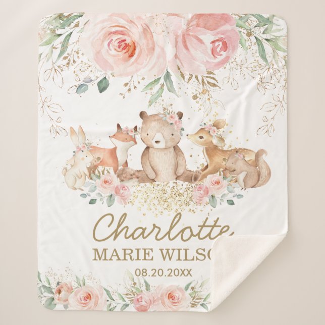 Cobertor Sherpa Chic Woodland Animal Blush Floral New Baby Girl (Frente)