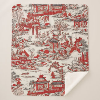 Cobertor Sherpa China Garden Tee House Chinoiserie - Red and White