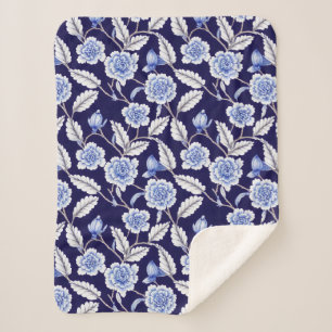 Cobertor Sherpa Chinoiserie Delft Blue Floral Porcelain Padrão