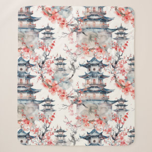 Cobertor Sherpa Chinoiserie Pagode Azul Floral Rosa Blossom