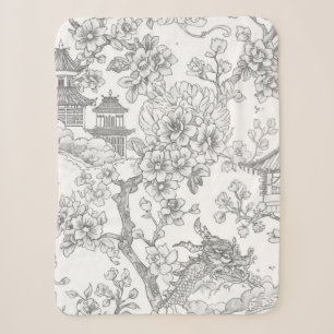 Cobertor Sherpa Chinoiserie Toile Dragão Flor de Cerejeira Ornamen
