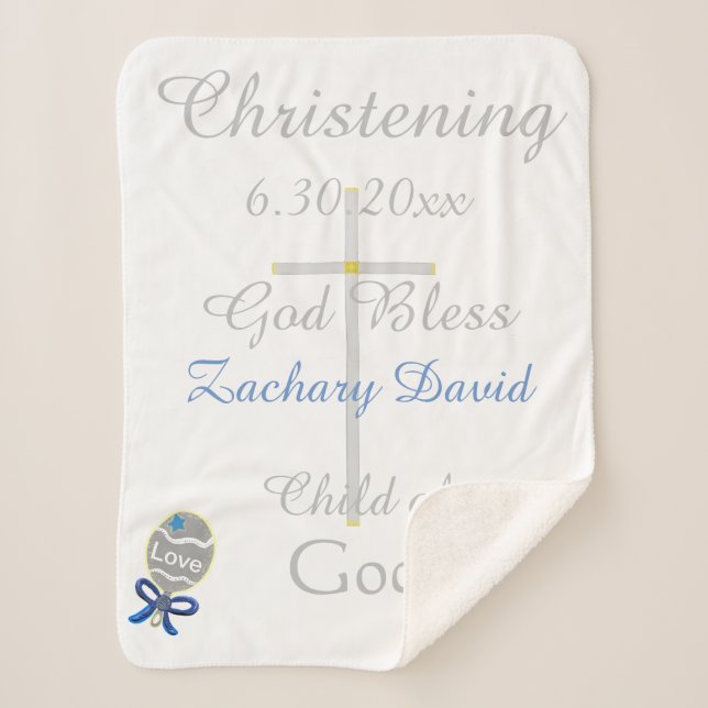Cobertor Sherpa Christening Cross Boy Blue Star Rattle Medium (Frente)