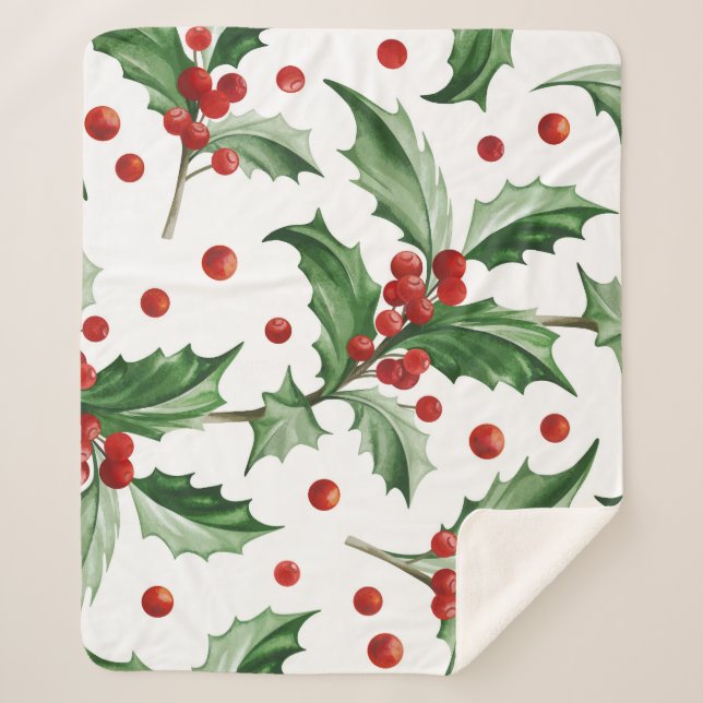 Cobertor Sherpa Christmas Holly deixa o símbolo sem costura (Frente)