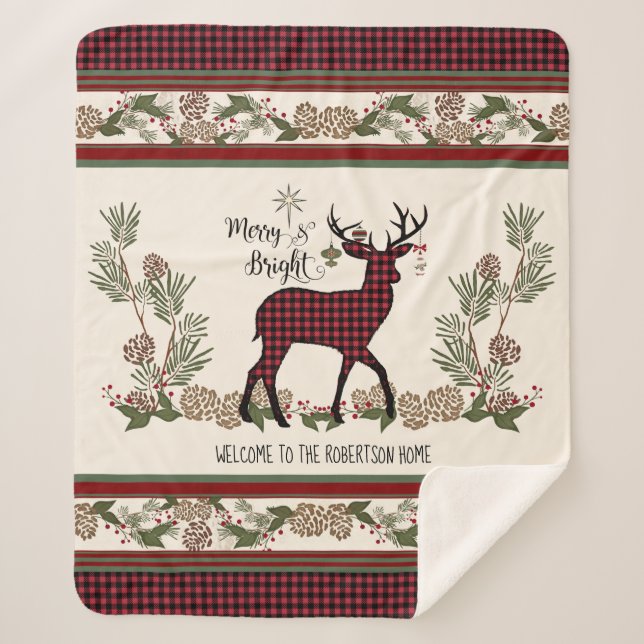 Cobertor Sherpa Christmas Lodge Merry Bright Deer Buffalo Plaid (Frente)