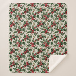 Cobertor Sherpa Christmas Red Berry Holly On Faux Linen