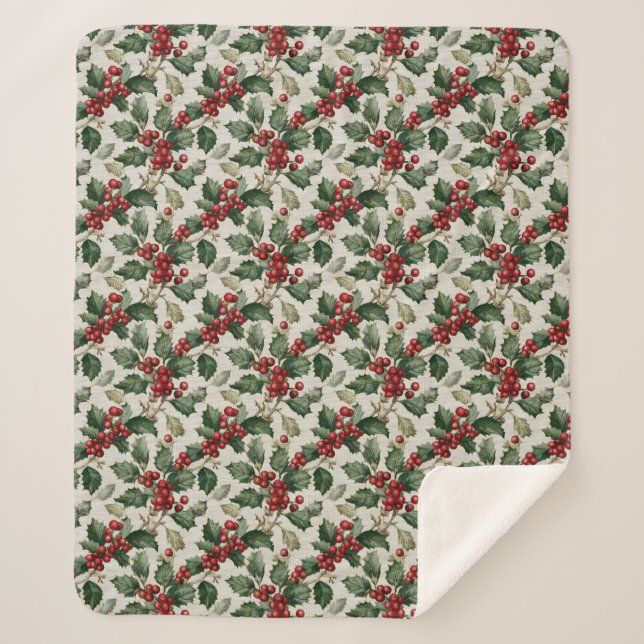 Cobertor Sherpa Christmas Red Berry Holly On Faux Linen (Frente)