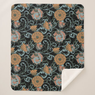 Cobertor Sherpa Chrysanthemum Black Background, Floral Vintage.