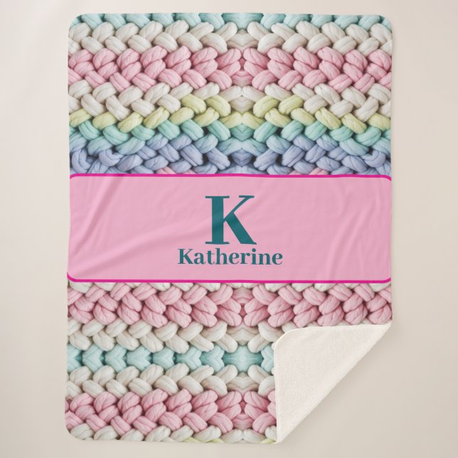 Cobertor Sherpa Chunky Pastel Knit Monogram Custom Name Gift (Frente)