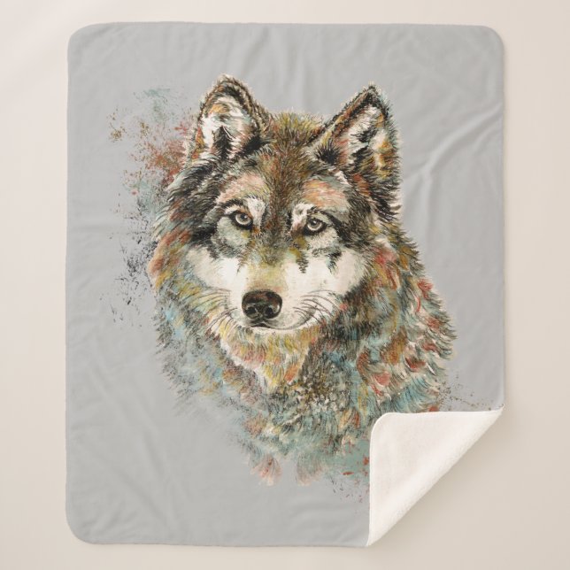 Cobertor Sherpa Cinza de Aquarelas Wolf Animal Willife Nature Art (Frente)