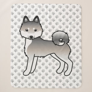 Cobertor Sherpa Cinza E Cão De Cartoon Branco Klee Kai Cute