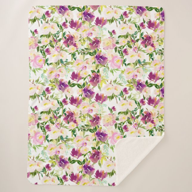 Cobertor Sherpa Cinza Rosa Pêssego Púrpura Borgona Aquarela Floral (Frente)