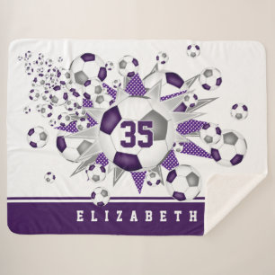 Cobertor Sherpa cinza roxa bolas de futebol estrelas salão esporti