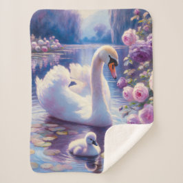Cobertor Sherpa Cisne branco e Cygnet com Rosas roxos