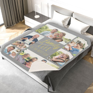 Cobertor Sherpa Citação de Vida Familiar Cinza e Amarelo Multi Fot