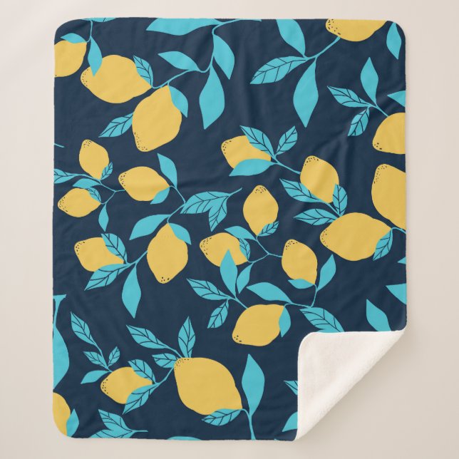 Cobertor Sherpa Citros simples: limões em azul. (Frente)
