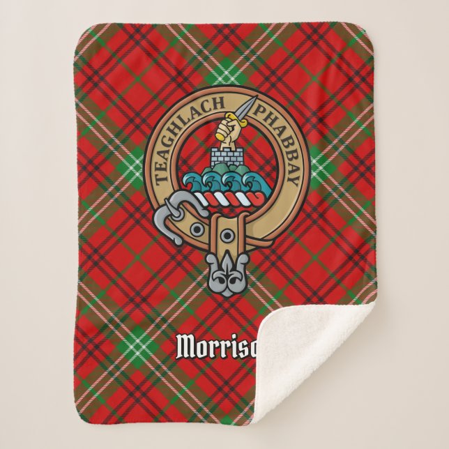 Cobertor Sherpa Clan Morrison Crest sobre o Red Tartan (Frente)
