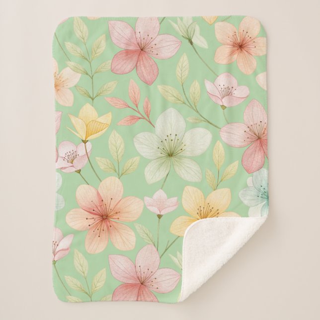 Cobertor Sherpa Cobertorzinho Sherpa Floral Menta (Frente)