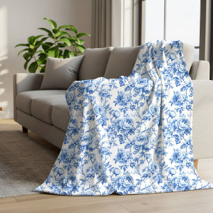 Cobertor Sherpa Cobertura Floral de Rosas Toile Francesa Azul Empo