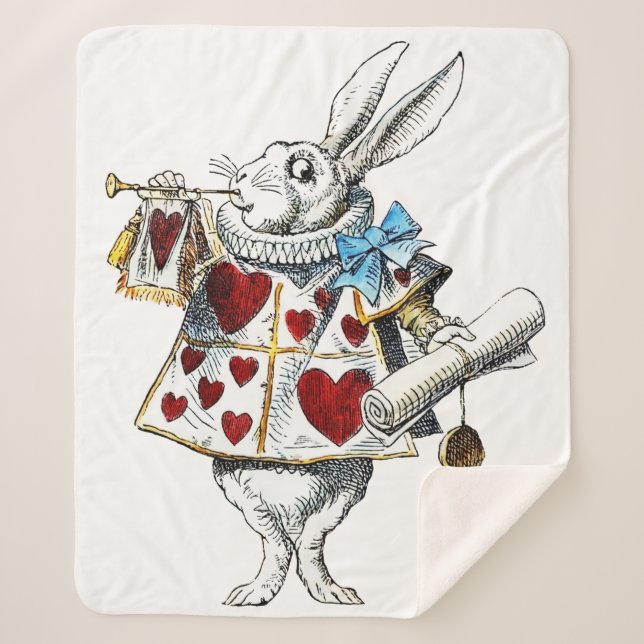 Cobertor Sherpa Coelho Branco Alice Wonderland Hearts (Frente)